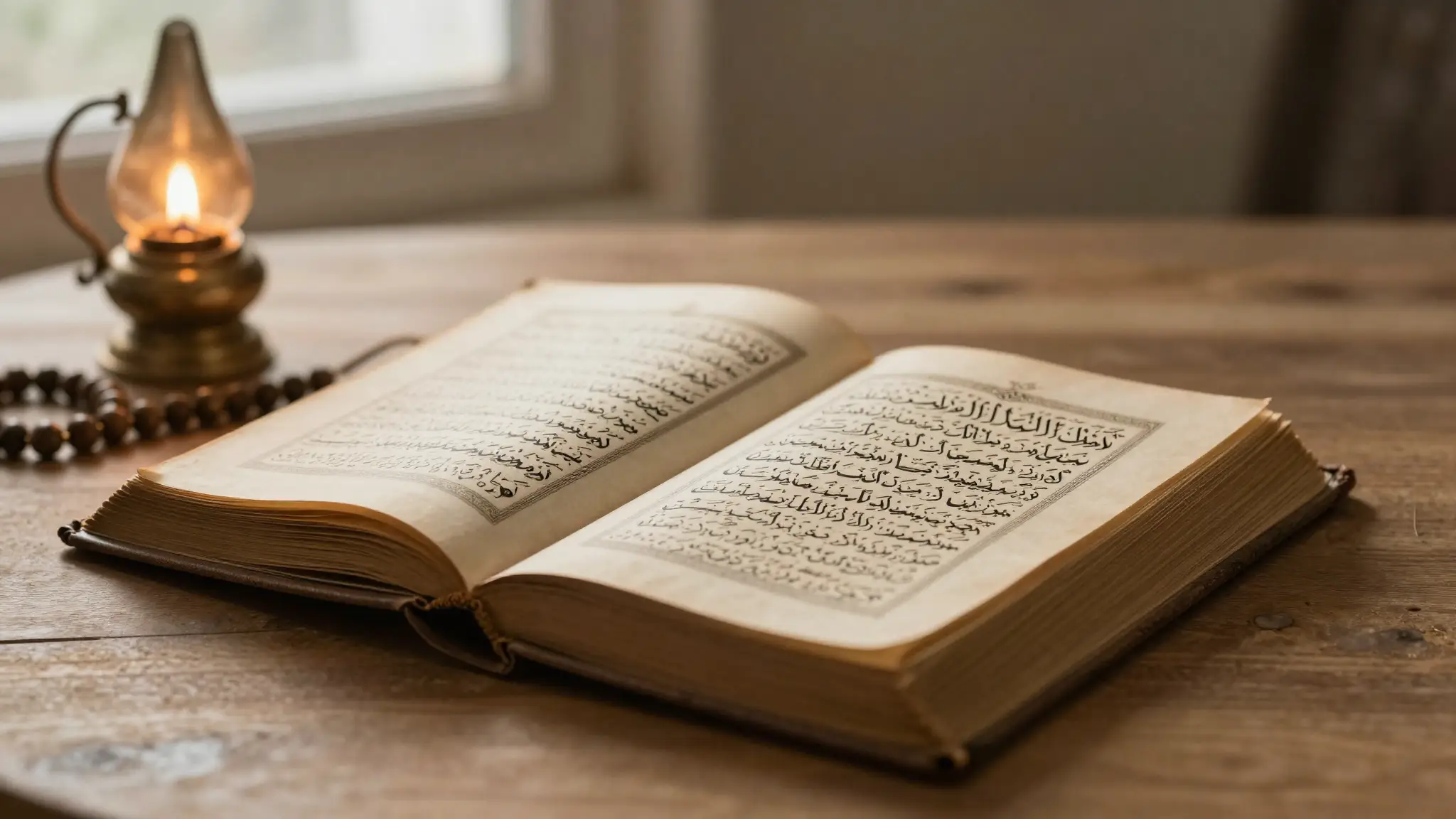 كتاب ديني مفتوح بخطٍّ عربي أنيق إلى جانب مصباح ومسبحة يرمز إلى معنى الدين والعبادة والإيمان